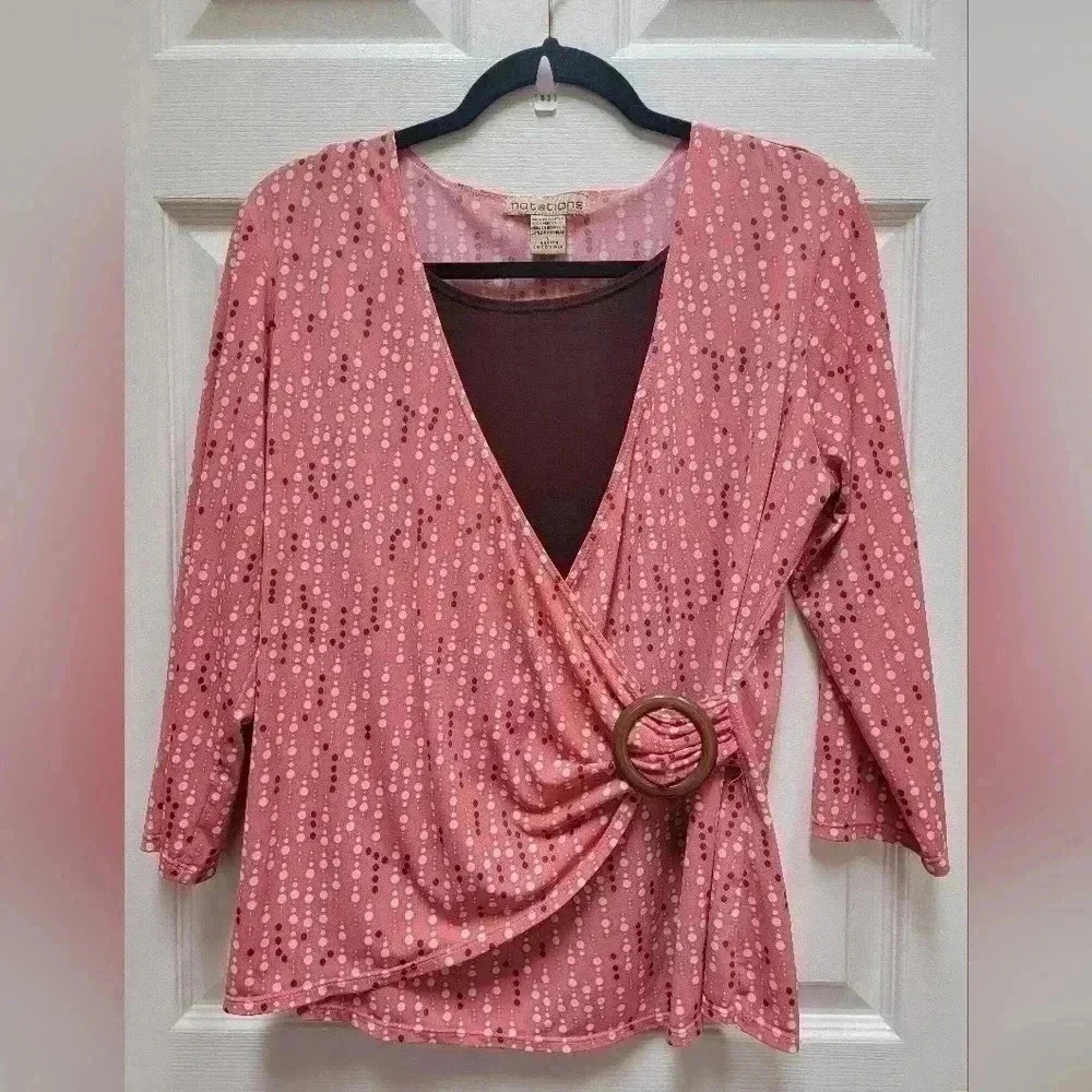 Notations V Neck Polka Dot Pink & Brown Blouse Size Large